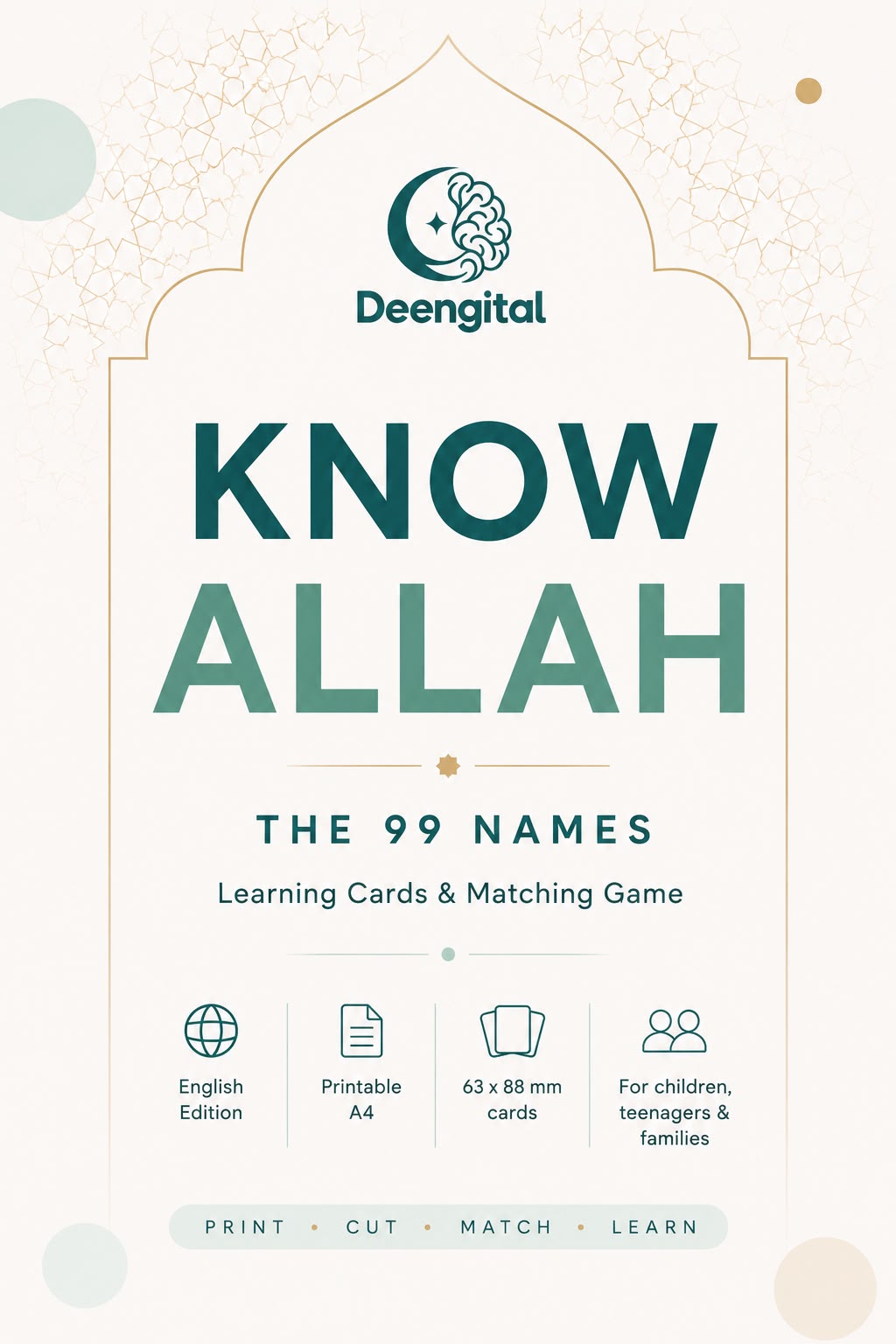 🌙 99 Names of Allah – Printable Learning Cards & Matching Game