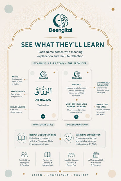 🌙 99 Names of Allah – Printable Learning Cards & Matching Game