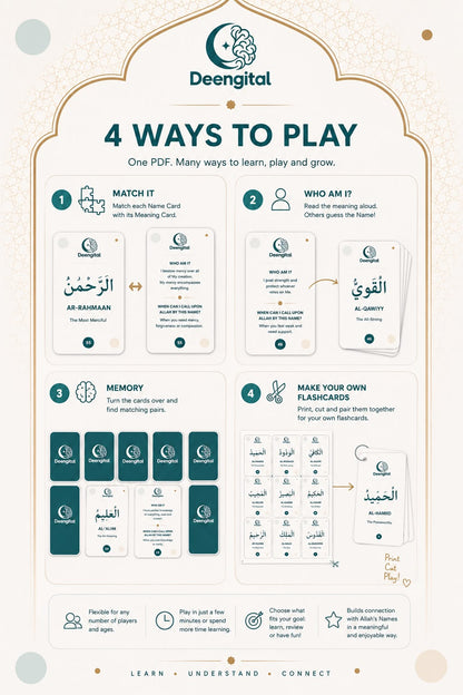 🌙 99 Names of Allah – Printable Learning Cards & Matching Game