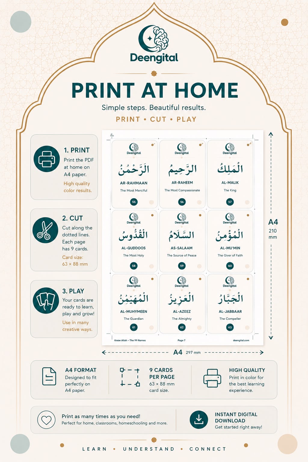 🌙 99 Names of Allah – Printable Learning Cards & Matching Game