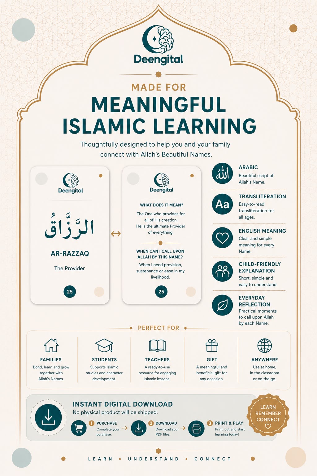 🌙 99 Names of Allah – Printable Learning Cards & Matching Game