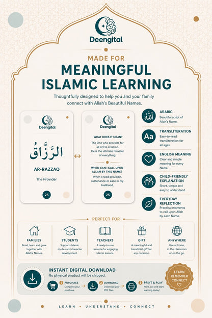 🌙 99 Names of Allah – Printable Learning Cards & Matching Game